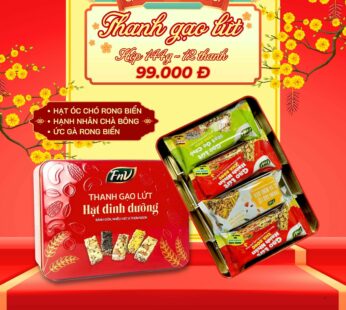 Hộp quà tết thanh gạo lứt dinh dưỡng FnV – Hộp thiếc chữ nhật 144 Gram, 12 thanh